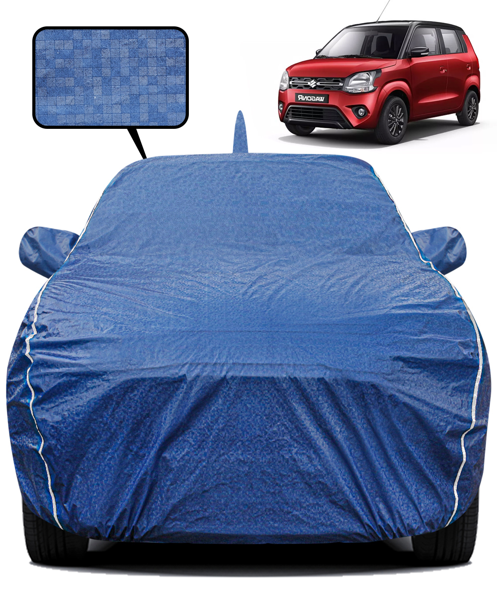 Fabtec Waterproof Car Body Cover for Maruti Suzuki Wagon R  with Mirror And Antenna Pocket, Triple Stitched and Soft Cotton Lining (Metallic Blue with White Piping)