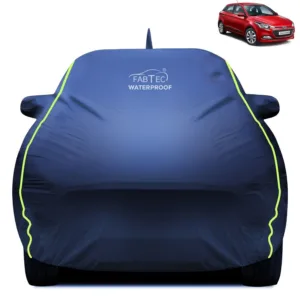 Fabtec Waterproof Car Body Cover for Hyundai Elite I20 with Mirror And Antenna Pocket, Triple Stitched and Soft Cotton Lining (Metallic Blue with Neon Piping)