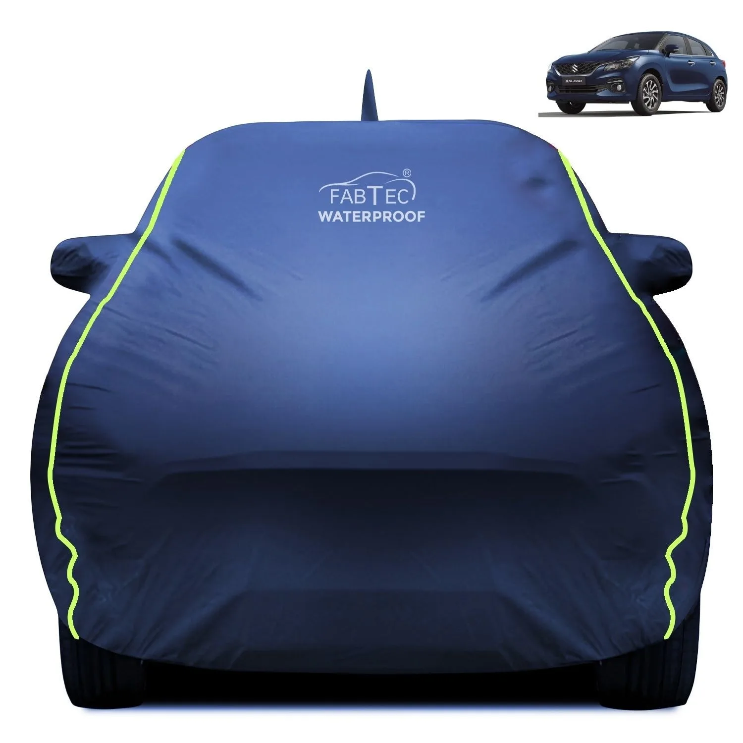 Fabtec Waterproof Car Body Cover for Maruti Suzuki Baleno New with Mirror And Antenna Pocket, Triple Stitched and Soft Cotton Lining (Metallic Blue with Neon Piping)