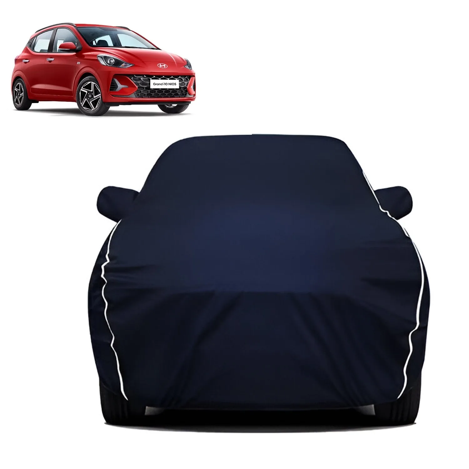 Fabtec Waterproof Car Body Cover for Hyundai Grand Nios  with Mirror Pocket, Triple Stitched and Soft Cotton Lining (Metallic Blue with White Piping)