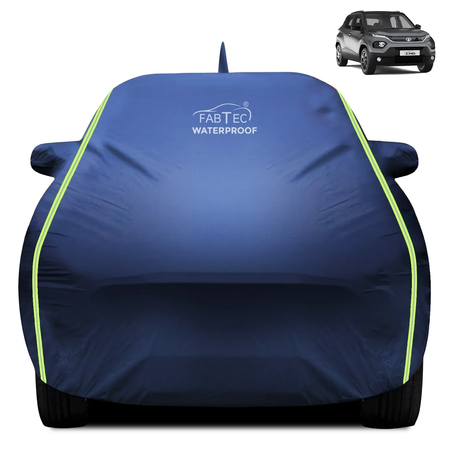Fabtec Waterproof Car Body Cover for Tata Punch with Mirror And Antenna Pocket, Triple Stitched and Soft Cotton Lining (Metallic Blue with Neon Piping)