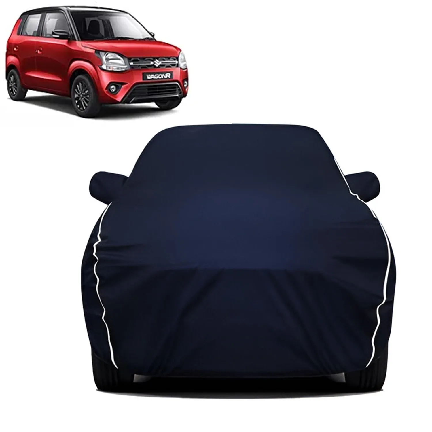 Fabtec Waterproof Car Body Cover for Maruti Suzuki Wagon R  with Mirror And Antenna Pocket, Triple Stitched and Soft Cotton Lining (Metallic Blue with White Piping)
