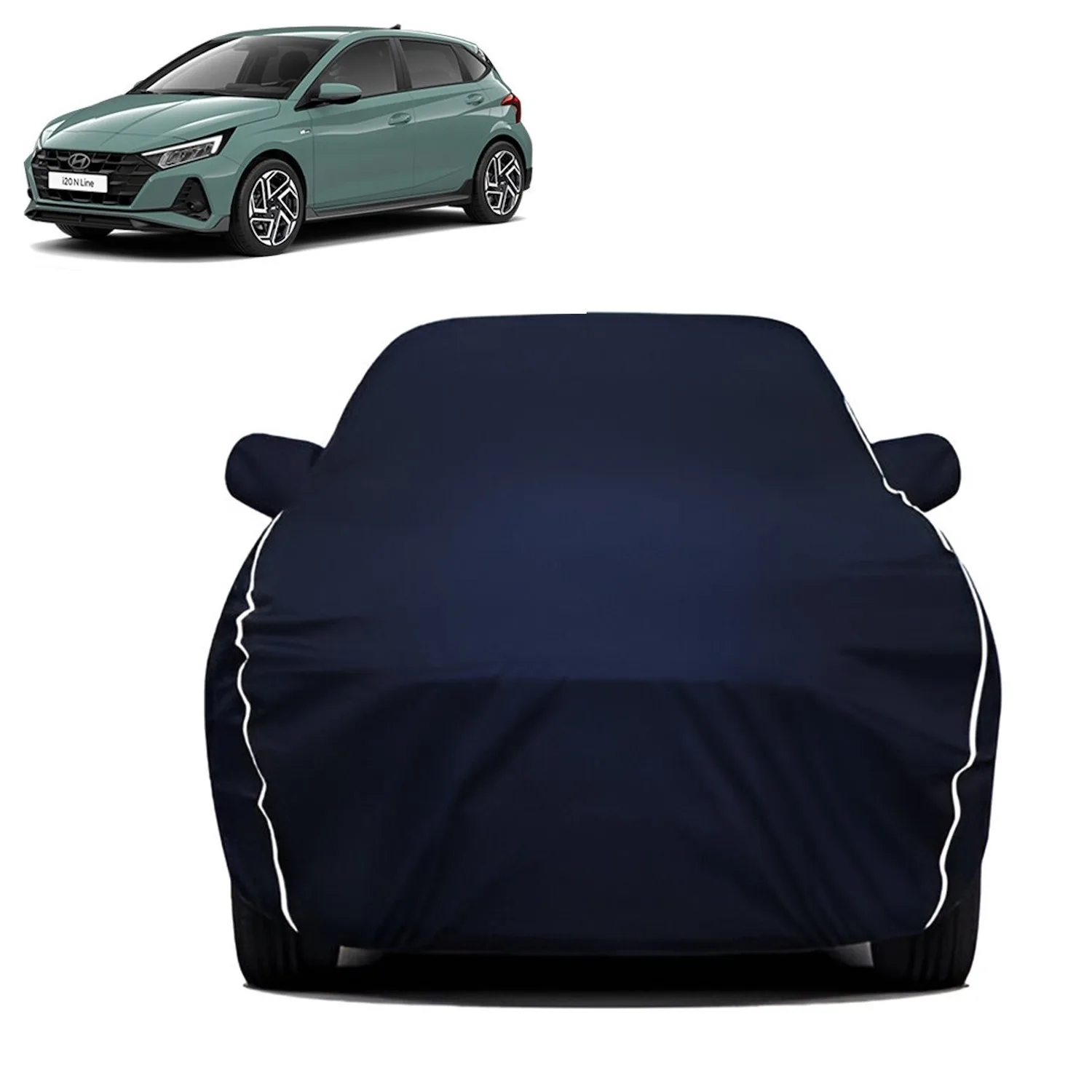 Fabtec Waterproof Car Body Cover for Hyundai I20with Mirror Pocket, Triple Stitched and Soft Cotton Lining (Metallic Blue with White Piping)