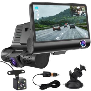 Fabtec 3 Channel Dashboard Camera for Car, Full HD 1080P, Front/Rear/Inside View, Parking TFT Monitor & Loop Video Recording Camera for Car Security