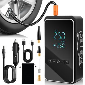 Fabtec High Power Smart Tyre Inflator for Car – 150 PSI, 12V DC Portable Cordless Tire Inflator with Digital Display, 3 * 2000 mAh Battery, Emergency Hazard Light, Type C Port & 5 Air Filling Modes