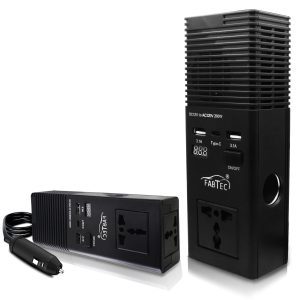 Fabtec 200W Car Power Inverter/Laptop Charger with 2 USB(3.1A Max) + 1 C Type Smart USB Charging Ports with LED Digital Display, 12V DC to 220V AC, 2X Universal AC Outlet, Black,