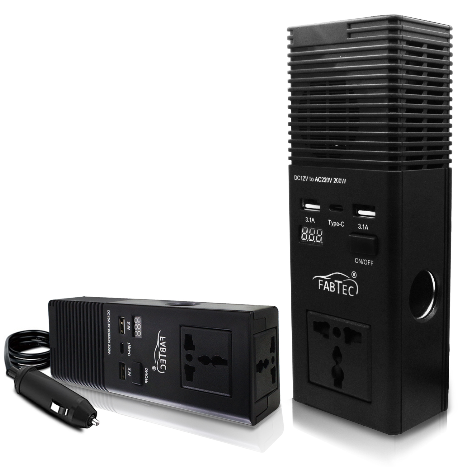 Fabtec 200W Car Power Inverter/Laptop Charger with 2 USB(3.1A Max) + 1 C Type Smart USB Charging Ports with LED Digital Display, 12V DC to 220V AC, 2X Universal AC Outlet, Black,