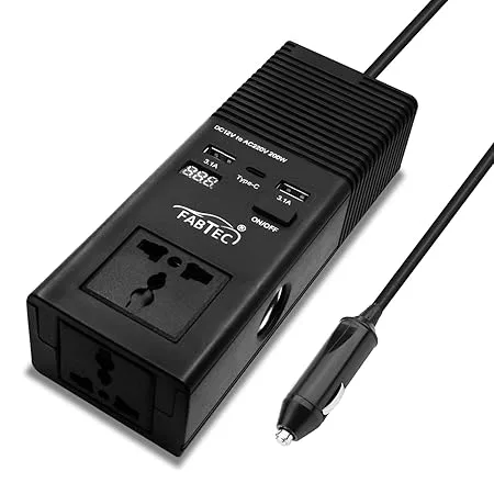 Fabtec 200W Car Power Inverter/Laptop Charger with 2 USB(3.1A Max) + 1 C Type Smart USB Charging Ports with LED Digital Display, 12V DC to 220V AC, 2X Universal AC Outlet, Black,