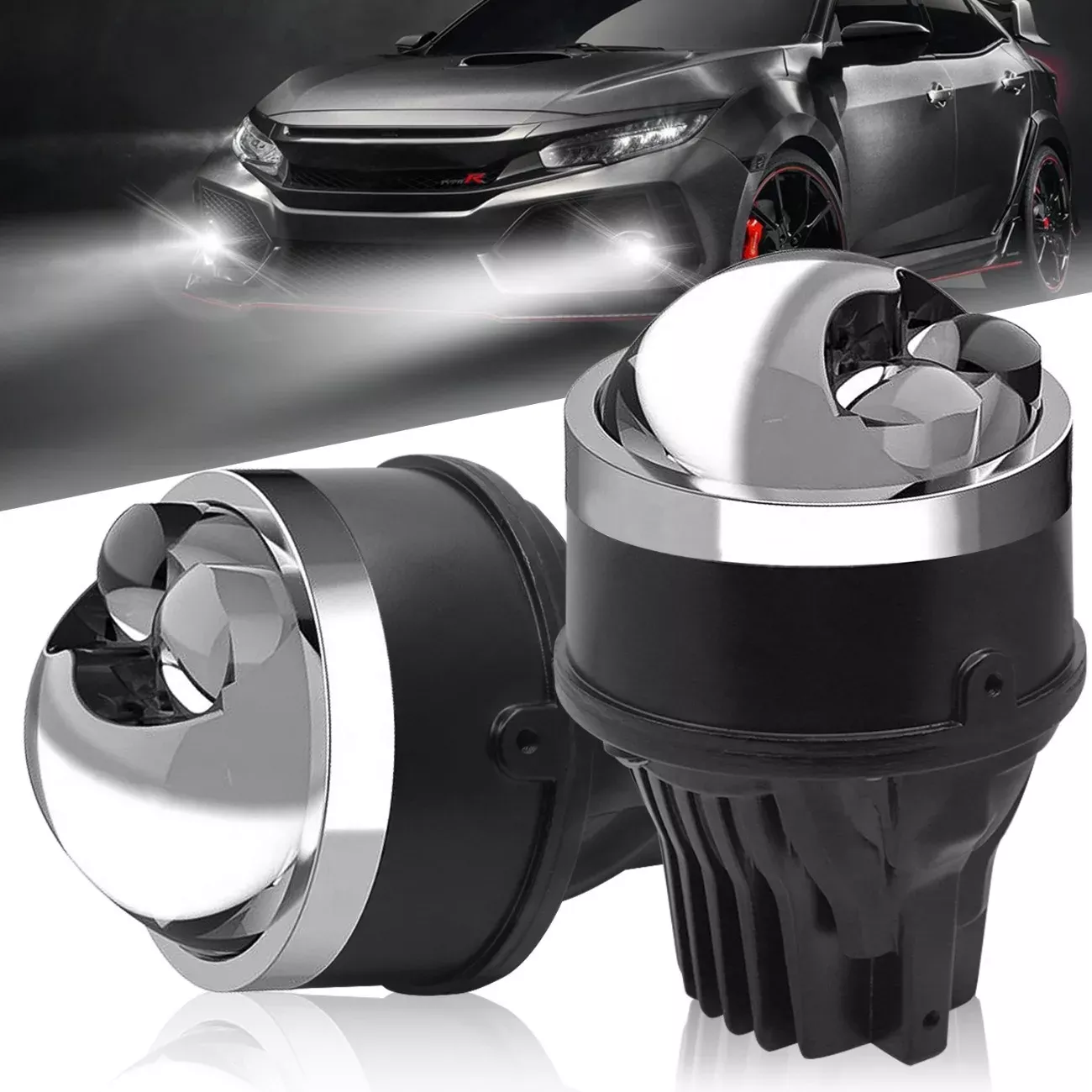 Fabtec 3 Inch Smart AI App Controlled Tri-Color Projector Lens Fog Light With 3-in-1 Inbuilt Led High/Low Beam 12V BI-Xenon Fog Light Projector Housing, (White/Yellow, 5500K)