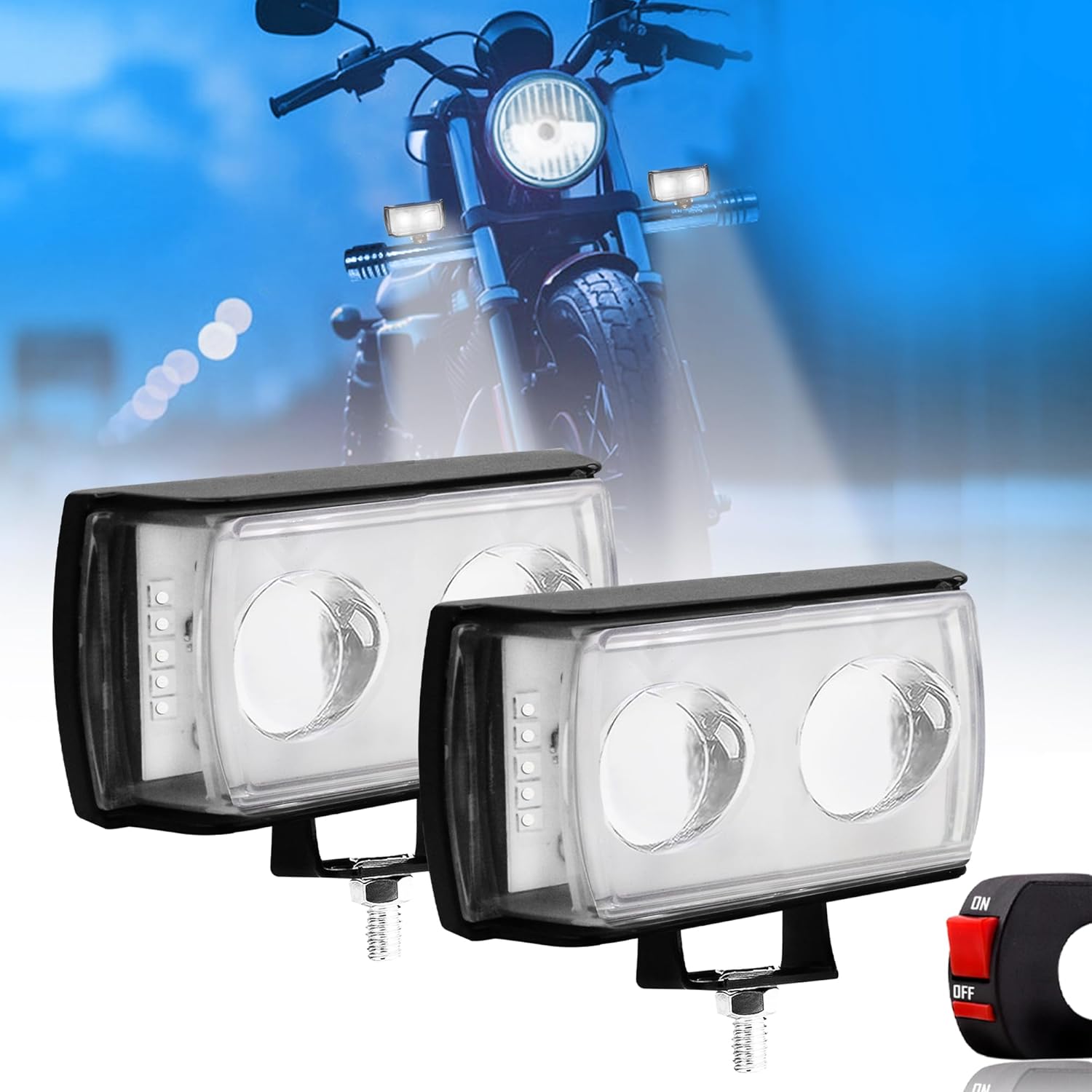 FABTEC 2 Led Ultra Mini Drive Fog Light Projector Light with White/Yellow + Red & Blue Stable + Flasher Led DRL Light for Cars, Bikes, Scooty with Turn On/Off Switch, 2 Pc