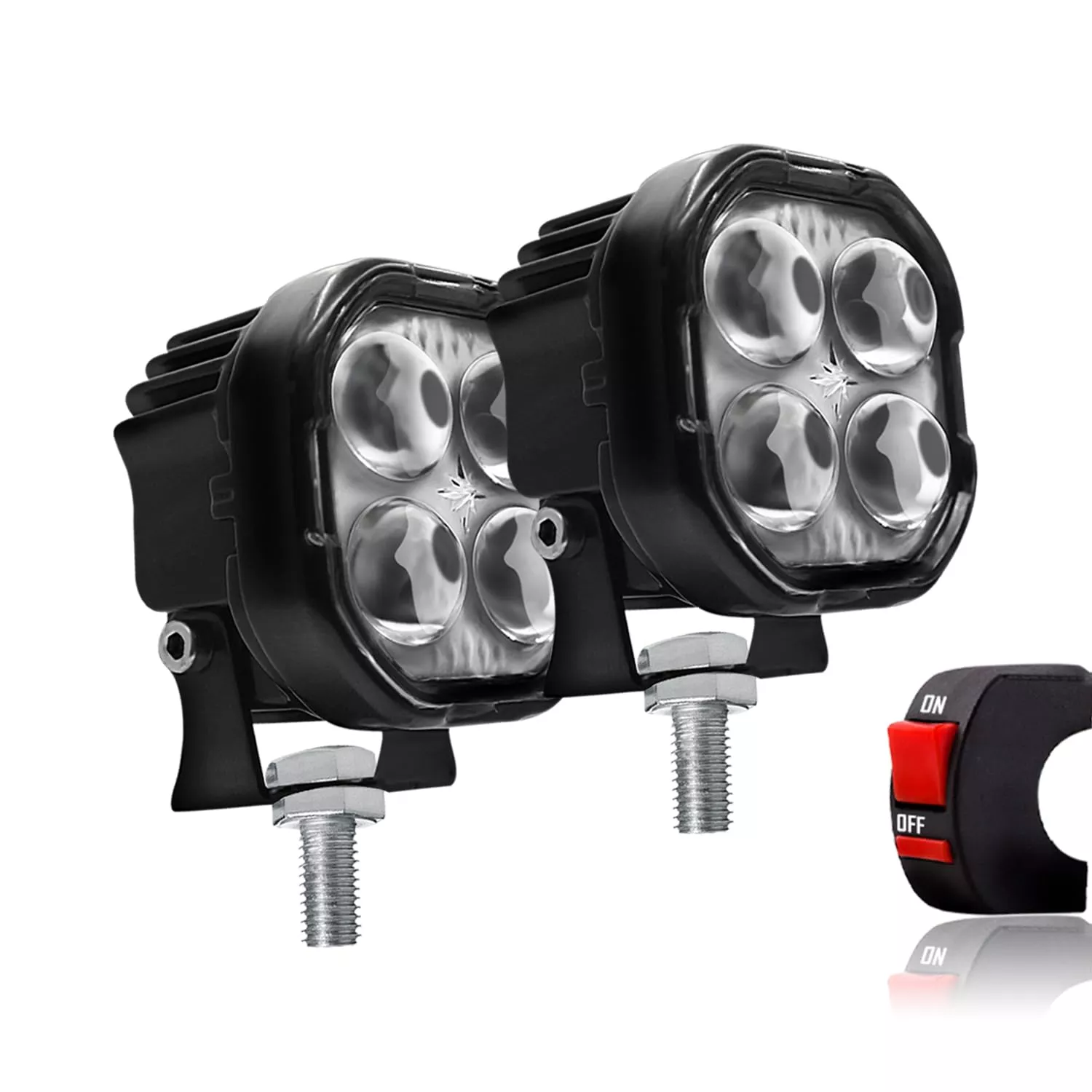 Fabtec 4 Led Ultra Mini Drive Projector Lens Led Fog Bar Light with White/Yellow Led DRL Pods Light for Cars, Bikes, Scooty, Metal Body, Set of 2 Pcs With USB Turn On/Off Switch