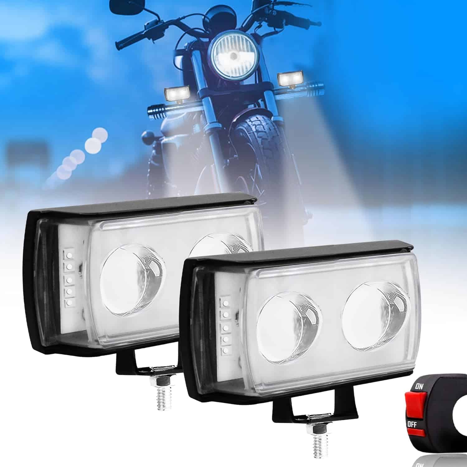 FABTEC 2 Led Ultra Mini Drive Fog Light Projector Light with White/Yellow + Red & Blue Stable + Flasher Led DRL Light for Cars, Bikes, Scooty with Turn On/Off Switch, 2 Pc