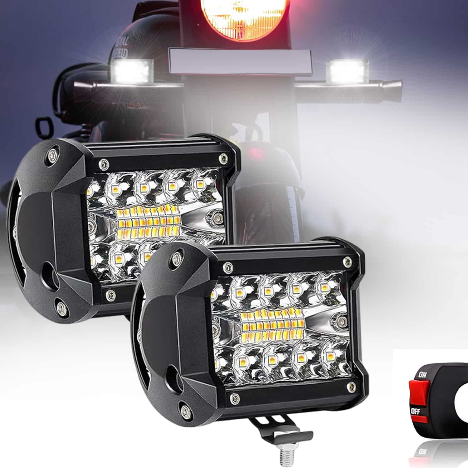 FABTEC 4 Inch bar Light Flashing led Fog Light 19 led with 5 Modes Versatile Off-Road Fog & Spot Flood Beam for Bikes and Scooties with On/Off Switch (White & Yellow) (19 Led 4 Inch) (Set of 2)