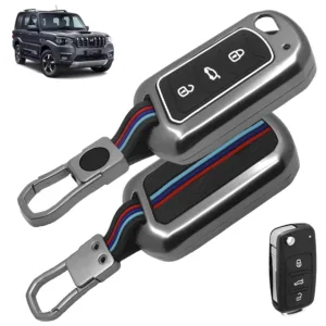 FABTEC Car Key Cover Compatible with Mahindra Scorpio N | 3XO | XUV 300 | Bolero | TUV 300 | XUV 700 | XUV 400 | Thar | Roxx | 3 Smart Button Metal Silicone TPU Protective Shell with Keychain (Black)