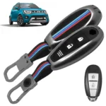 FABTEC Car Key Cover Compatible with Maruti Suzuki Ignis | S-Cross | Baleno | Ciaz | Vitara Brezza | Swift | SX4 | Ertiga- 2 & 3 Smart Button Metal Silicone TPU Protective Shell with Keychain (Black)