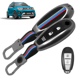 FABTEC Car Key Cover Compatible with Maruti Suzuki Ignis | S-Cross | Baleno | Ciaz | Vitara Brezza | Swift | SX4 | Ertiga- 2 & 3 Smart Button Metal Silicone TPU Protective Shell with Keychain (Black)