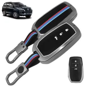 FABTEC® Car Key Cover Compatible with Toyota Fortuner | Legender | Innova Hycross | Invicto 3 | Land Cruiser | Innova Crysta | 3 Smart Button Metal Silicone TPU Protective Shell with Keychain (Black)
