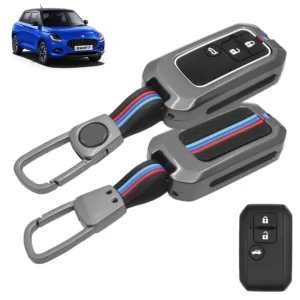 FABTEC Car Key Cover Compatible with Maruti Suzuki Dzire | Ertiga | jimny | Baleno| Grand Vitara | XL6 | Swift | New Brezza | 3 Smart Button Metal Silicone TPU Protective Shell with Keychain (Black)