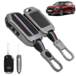 FABTEC Car Key Cover Compatible with Seltos 2023 2024 | Carens| Sonet | Facelift HTX | Carens X Line Metal Silicone TPU Protective Shell with 3 Smart Flip Button (Black)