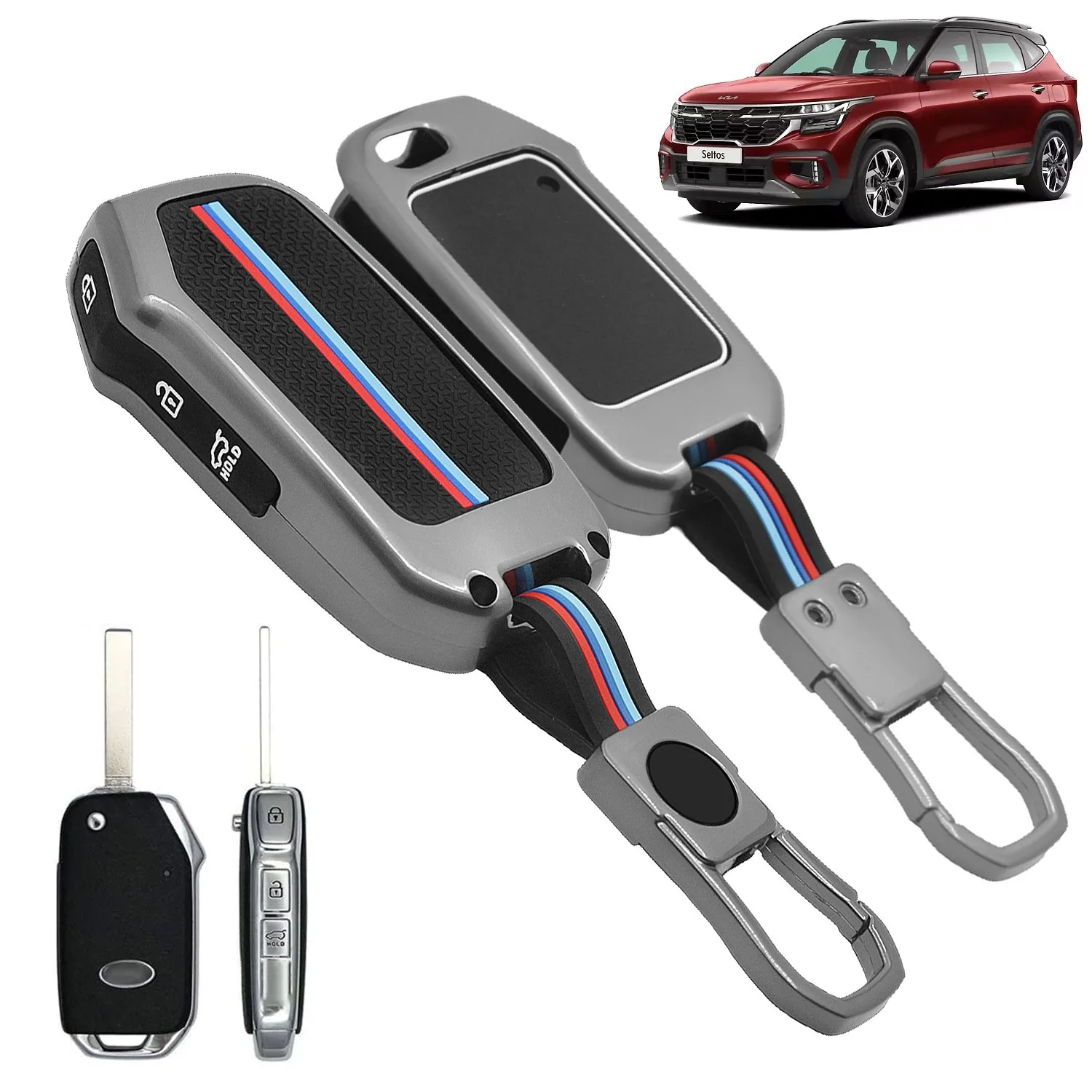 FABTEC Car Key Cover Compatible with Seltos 2023 2024 | Carens| Sonet | Facelift HTX | Carens X Line Metal Silicone TPU Protective Shell with 3 Smart Flip Button (Black)