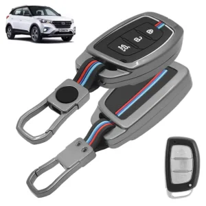 FABTEC Car Key Cover Compatible with Hyundai i20 | Creta | Venue | Grand i10 Nios | i10 | Verna | Alcazar | Aura | Xcent | Elantra – Metal Silicone TPU Protective Shell with 3 Smart Button (Black)
