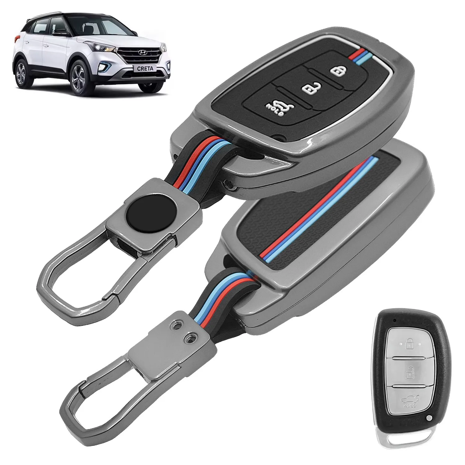 FABTEC Car Key Cover Compatible with Hyundai i20 | Creta | Venue | Grand i10 Nios | i10 | Verna | Alcazar | Aura | Xcent | Elantra – Metal Silicone TPU Protective Shell with 3 Smart Button (Black)