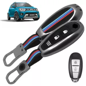 FABTEC Car Key Cover Compatible with Maruti Suzuki Ignis | S-Cross | Baleno | Ciaz | Vitara Brezza | Swift | SX4 | Ertiga- 2 & 3 Smart Button Metal Silicone TPU Protective Shell with Keychain (Black)