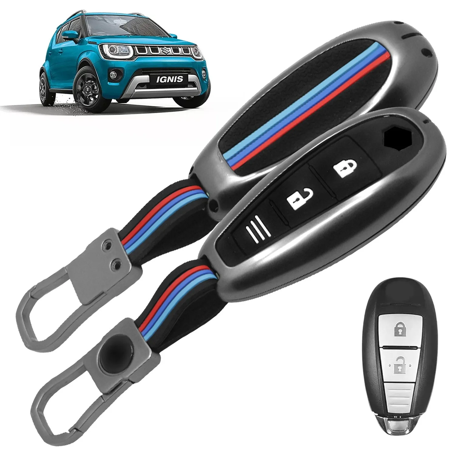 FABTEC Car Key Cover Compatible with Maruti Suzuki Ignis | S-Cross | Baleno | Ciaz | Vitara Brezza | Swift | SX4 | Ertiga- 2 & 3 Smart Button Metal Silicone TPU Protective Shell with Keychain (Black)