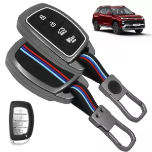 FABTEC Car Key Cover Compatible with Hyundai Alcazar | Creta 2022 | Venue | i20 |Tucson | Elantra| 4 Smart Button Metal Silicone TPU Protective Shell with Keychain (Black)