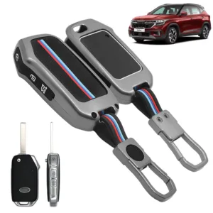 FABTEC Car Key Cover Compatible with Seltos 2023 2024 | Carens| Sonet | Facelift HTX | Carens X Line Metal Silicone TPU Protective Shell with 3 Smart Flip Button (Black)