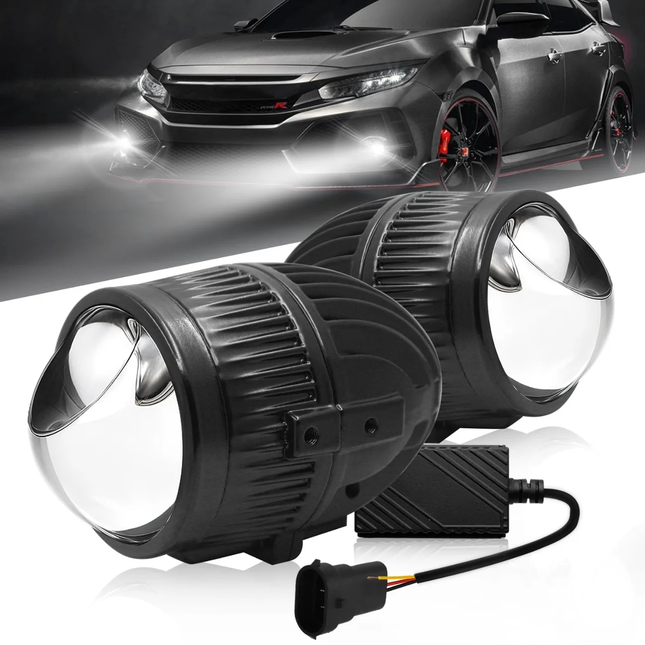 Fabtec 2 Inch Smart AI App Controlled Tri-Color Projector Lens Fog Light With 3-in-1 Inbuilt Led High/Low Beam 12V BI-Xenon Fog Light Projector Housing, (White/Yellow, 5500K)